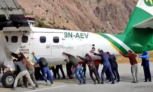 விமானத்தை பயணிகள் இறங்கி தள்ளும் காட்சி: வைரலாகும் வீடியோ !
