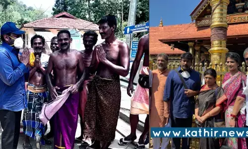 சபரிமலையில் தன்னை தோளில் வைத்து தூக்கி சுமந்த டோலி பணியார்களுக்கு மனதார நன்றி கூறிய சிரஞ்சீவி