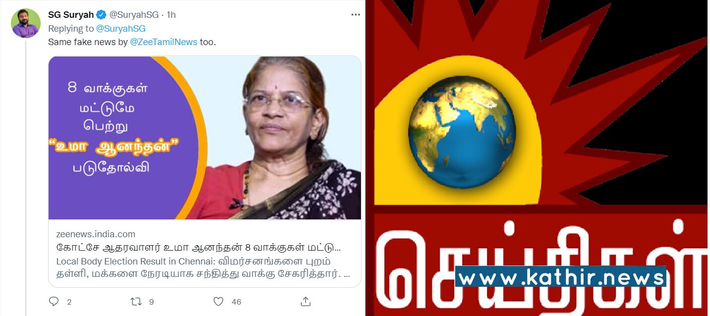 அவ்வளோ வெறி? இன்னும் வாக்கு எண்ணிக்கையே  தொடங்காத வார்டில், பாஜக வேட்பாளர் 8 வாக்கு மட்டுமே பெற்றதாக போலி செய்தி பரப்பும் ஊடகங்கள்!