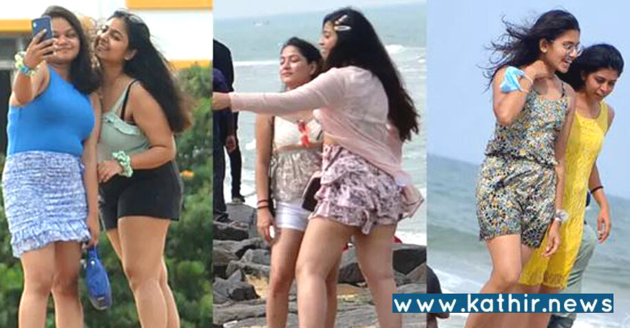 புதுச்சேரி கடற்கரையில் செல்ஃபி எடுத்து மகிழ்ந்த இளம்பெண்கள்!