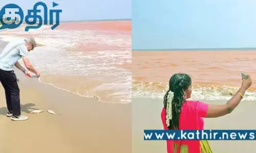 புதுச்சேரியில் நிறம் மாறிய கடல்.. சுற்றுலாப் பயணிகள் அதிர்ச்சி..