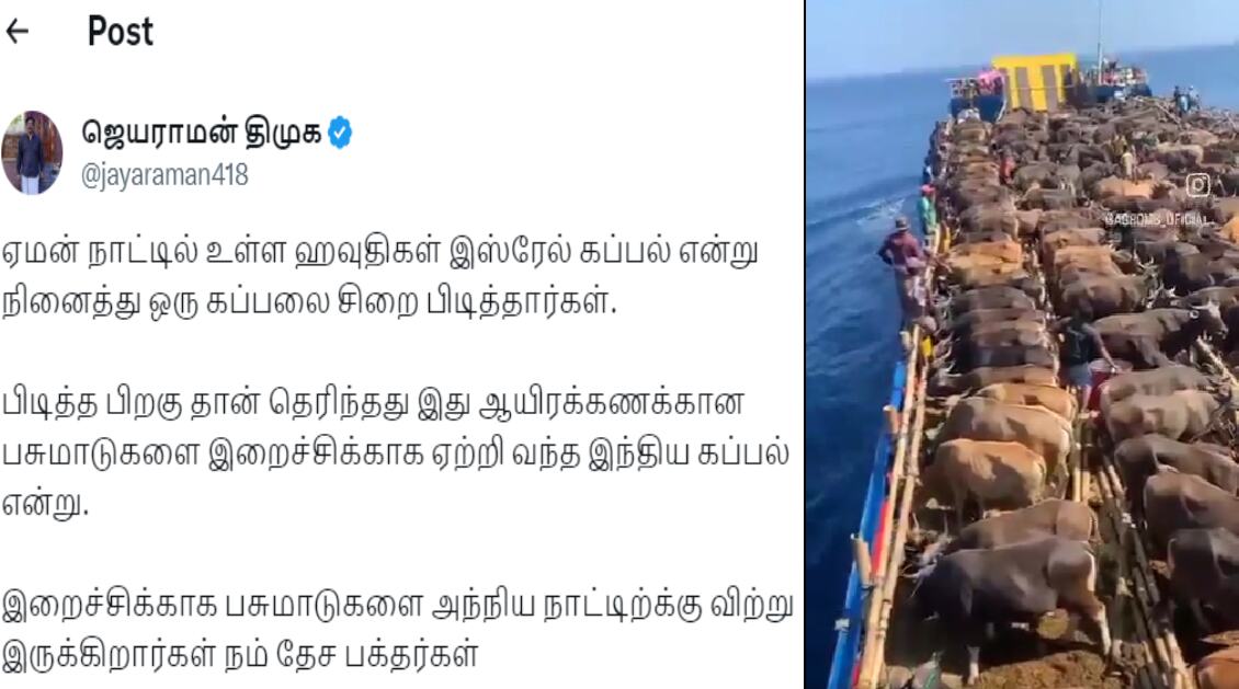 கப்பலில் மாடுகள் இறைச்சிக்காக கடத்தப்படுகிறதா? திமுகவினர் பரப்பும் வீடியோ!
